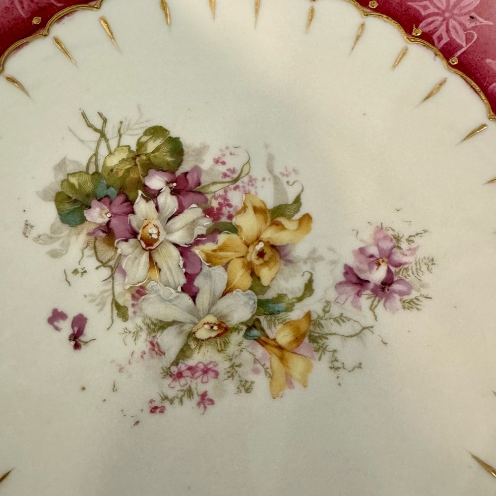 Antique Pink Floral Porcelain Decorative Cake Plate with Handles 12” - Picture 3 of 12
